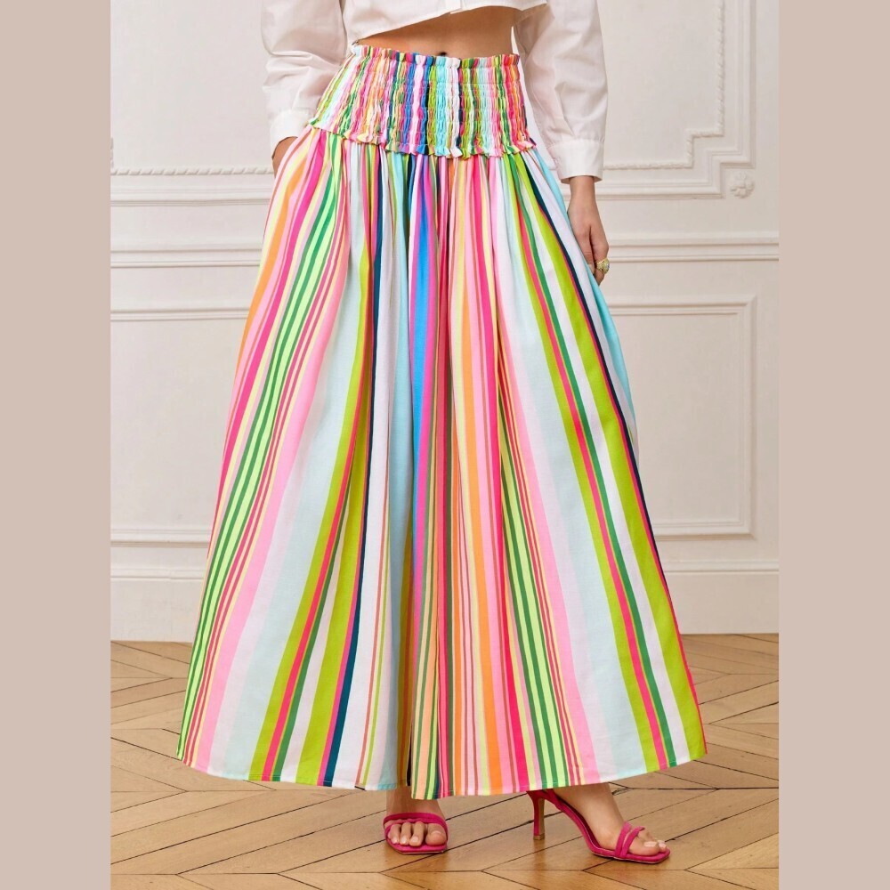 Pink Multicolor Striped Smocked Waist Maxi Skirt